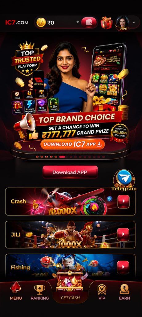IC7 Game homepage featuring Crash, JILI, Fishing games, VIP rewards, and app download option.