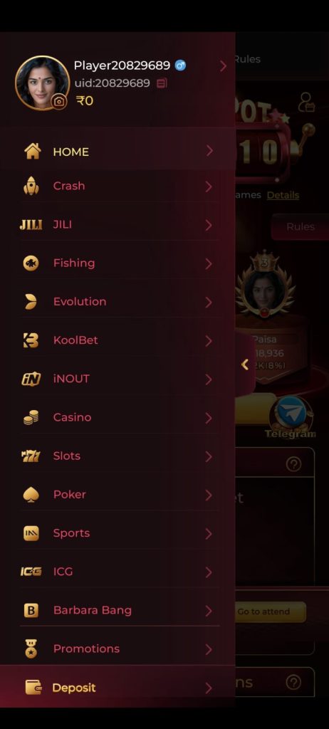 IC7 Game menu interface featuring Crash, JILI, Fishing, Casino, Slots, Poker, Sports, Promotions, and Deposit options.