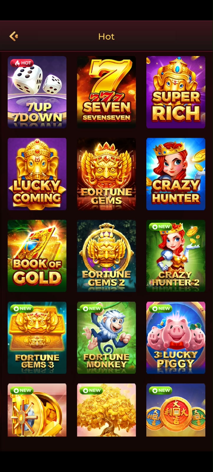 IC7 Game hot games section featuring popular casino-style game titles